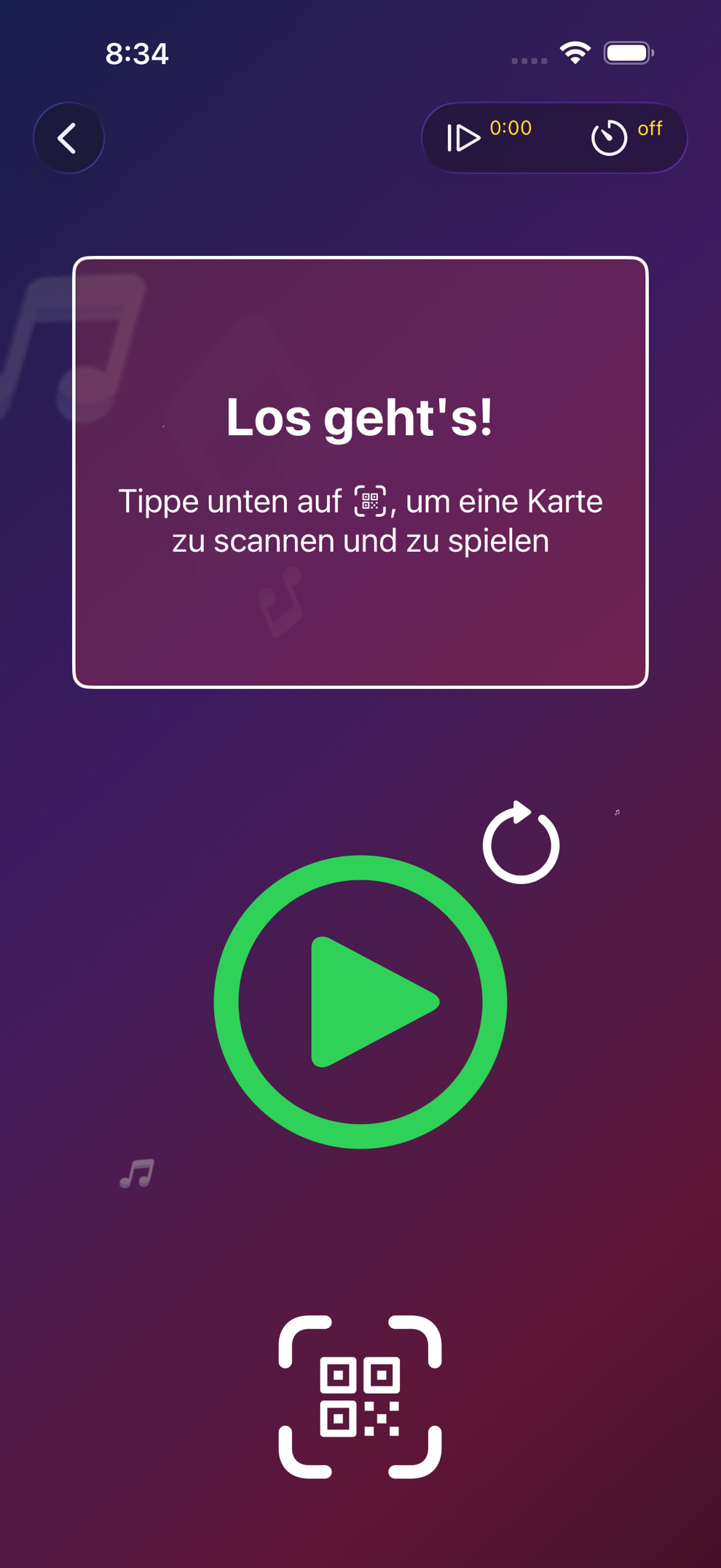 Beatster-Spielansicht mit Wiedergabetaste und QR-Scan-Taste