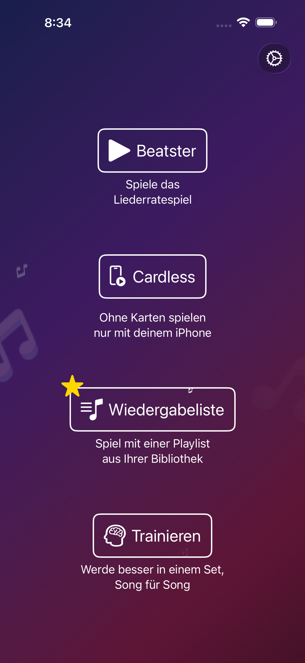 Beatster-Hauptmenü mit Spielmodi
