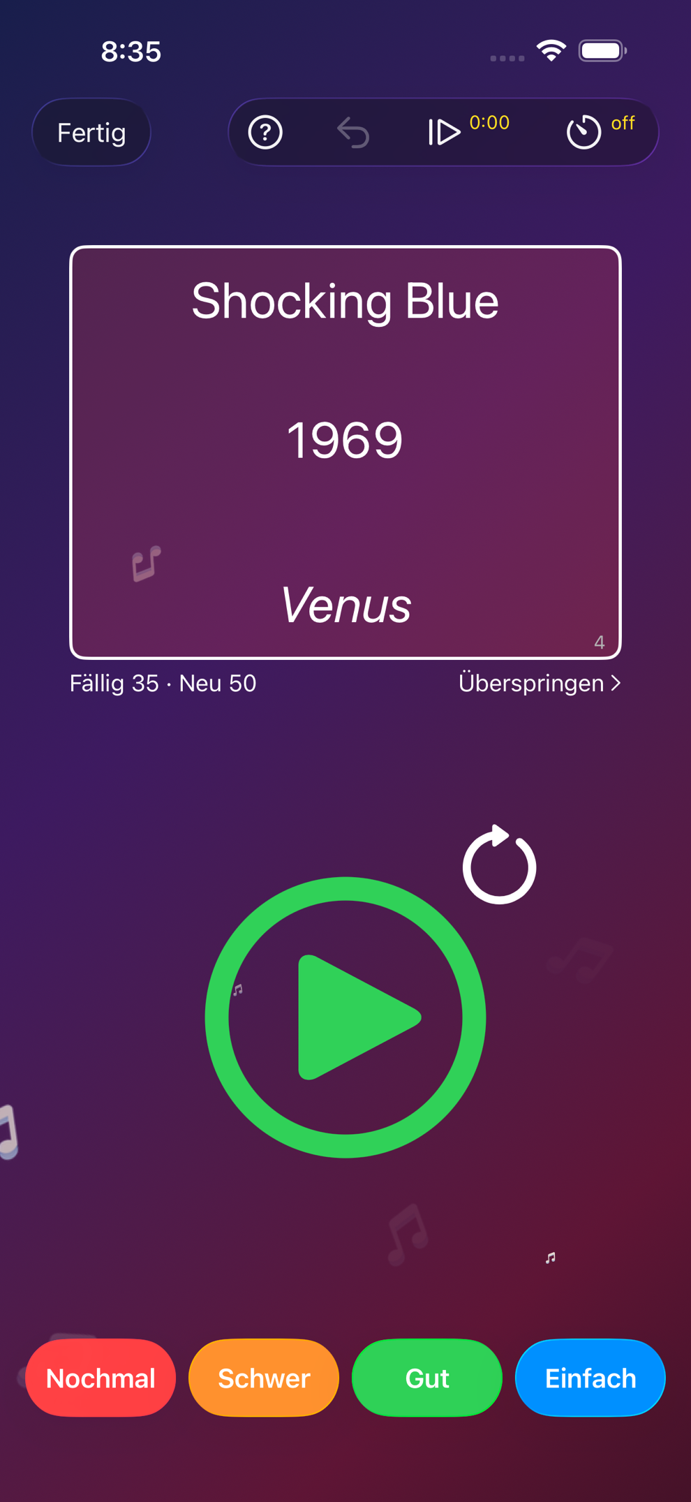 Beatster-Trainieren mit einer Songkarte und den Tasten „Nochmal“, „Schwer“, „Gut“ und „Einfach“