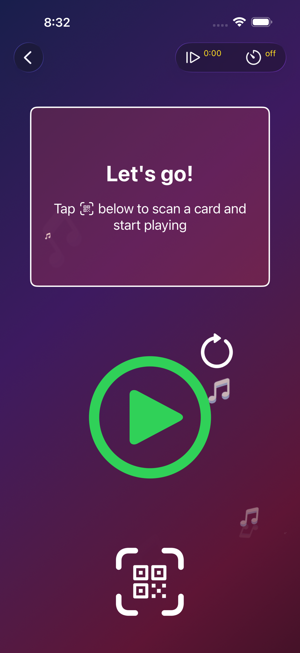 Beatster in-game view with a play button and QR scan button
