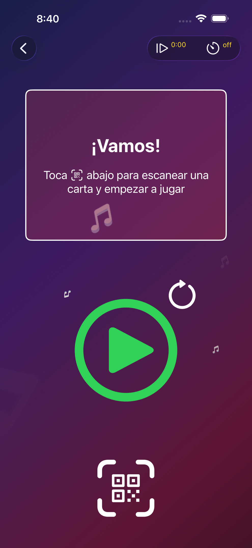 Vista de juego de Beatster con un botón de reproducir y un botón de escaneo QR