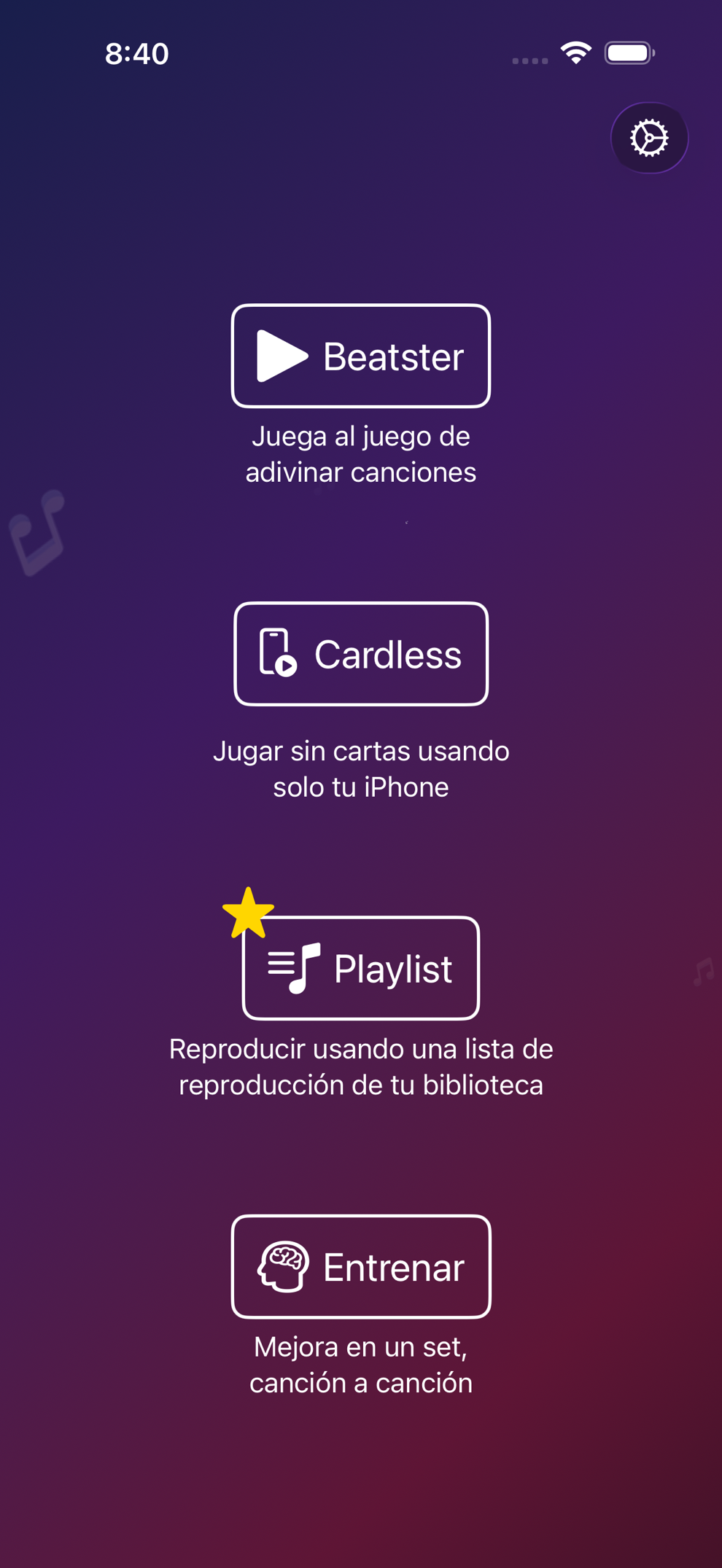 Menú principal de Beatster con los modos de juego