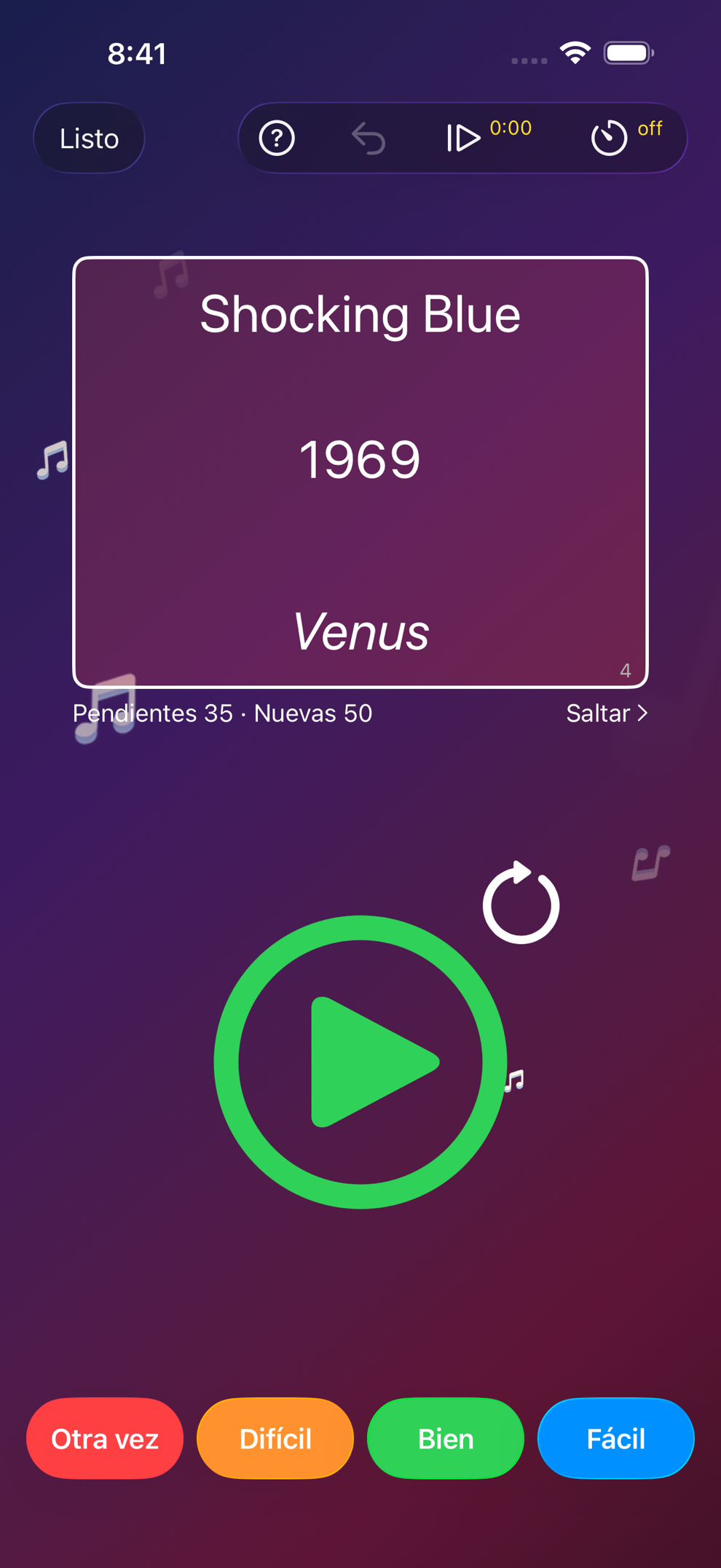 Modo Entrenar de Beatster con una carta de canción y los botones Otra vez, Difícil, Bien y Fácil