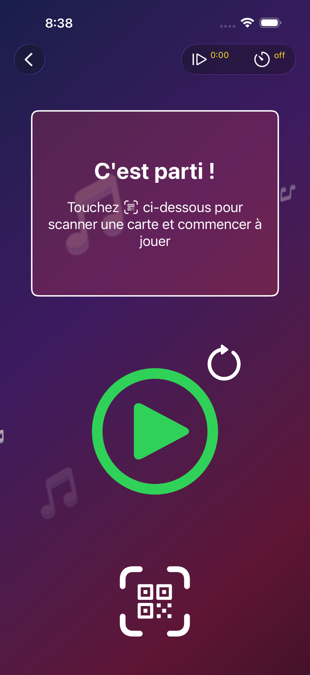 Vue de jeu de Beatster avec un bouton de lecture et un bouton de scan QR