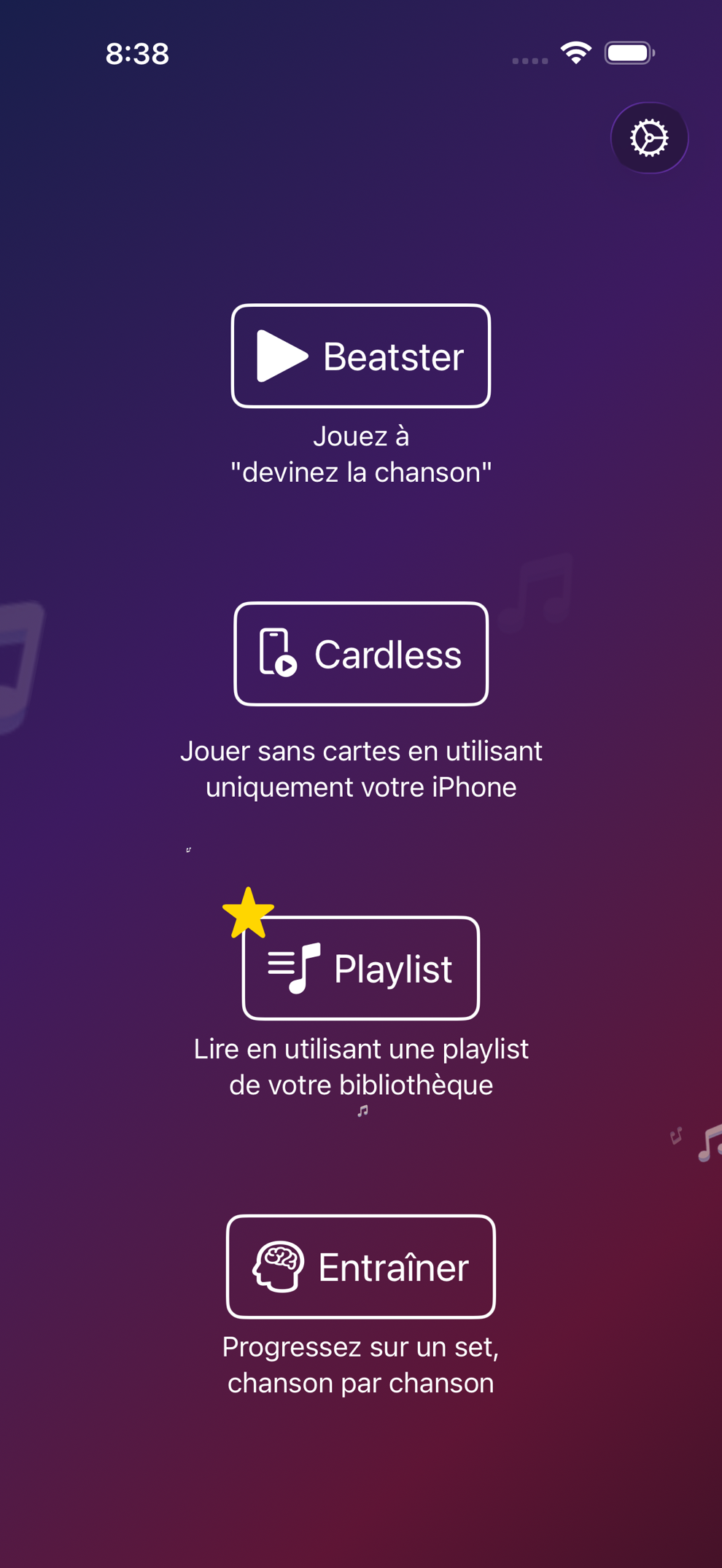 Menu principal de Beatster avec les modes de jeu