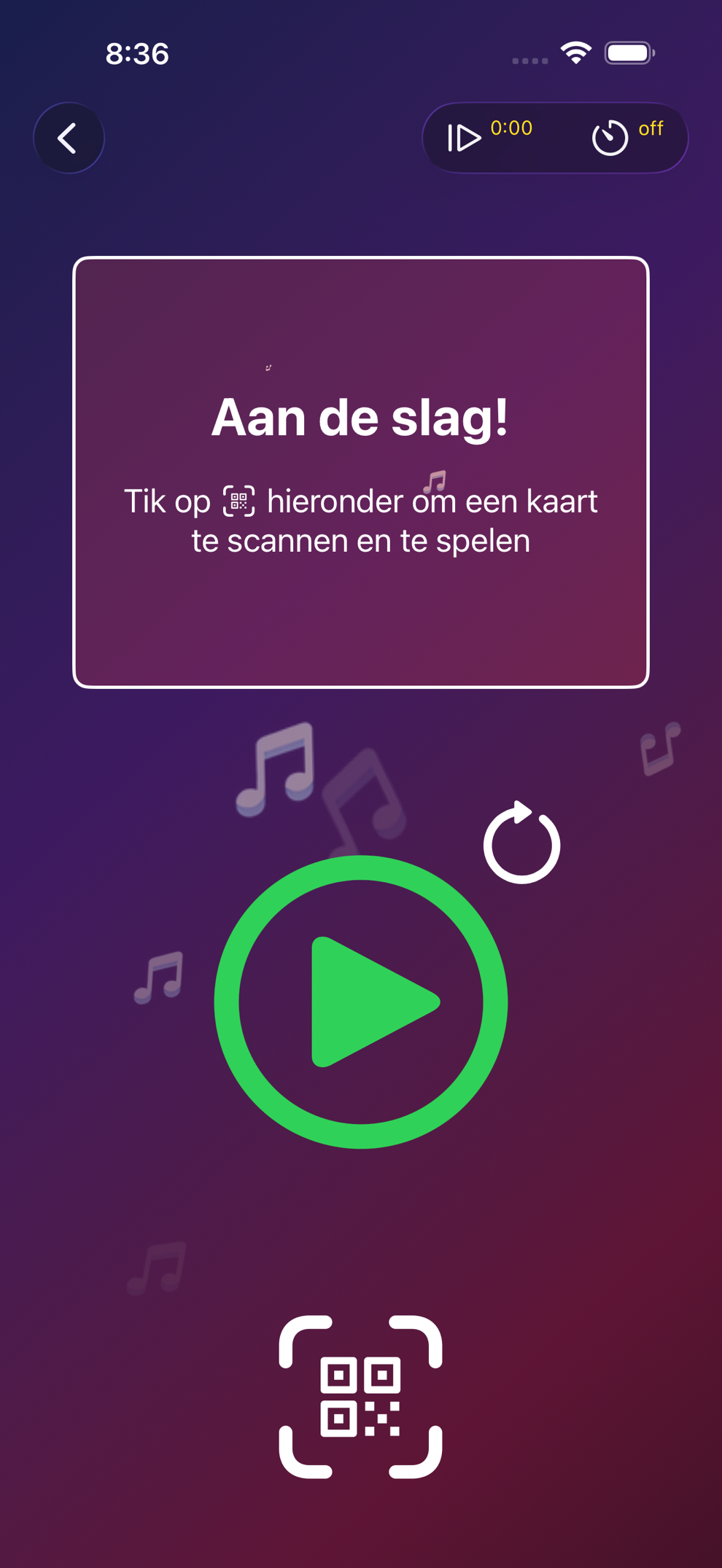 Beatster-spelweergave met een afspeelknop en een QR-scanknop