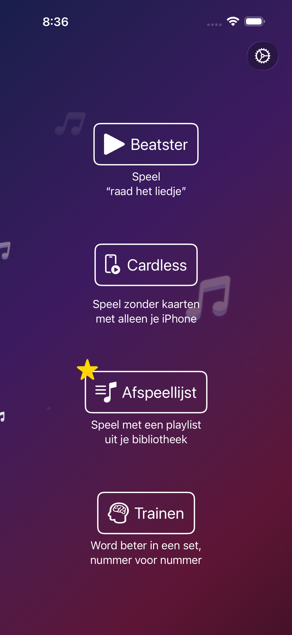 Beatster-hoofdmenu met speelmodi